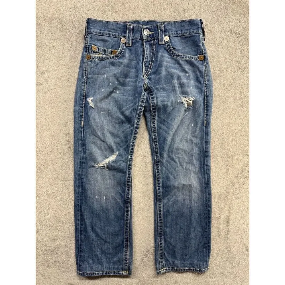 True Religion Rainbow Bobby Jeans Mens Blue Distressed Measured 33x28 Streetwear